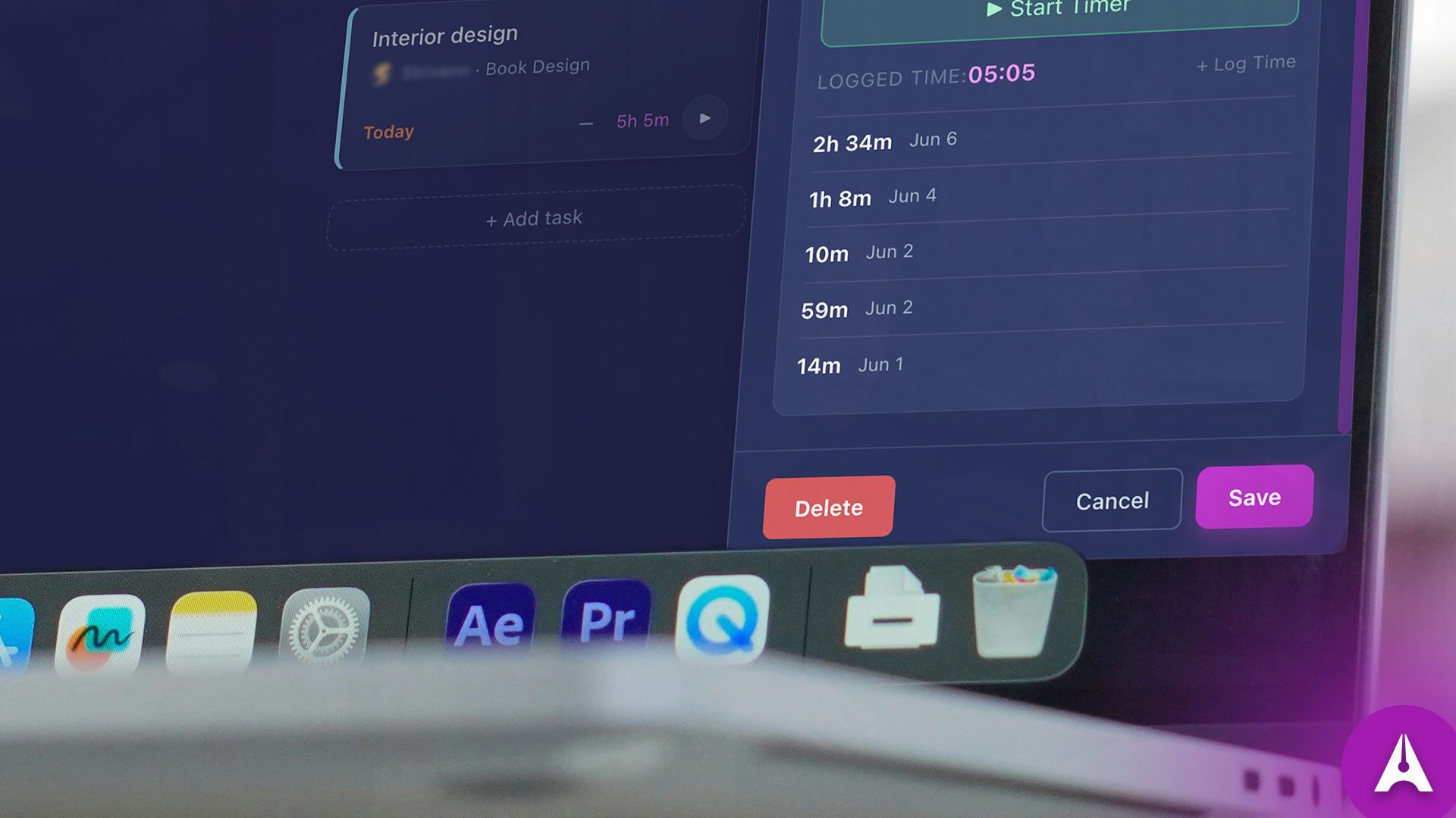 Aeto screen with time entries