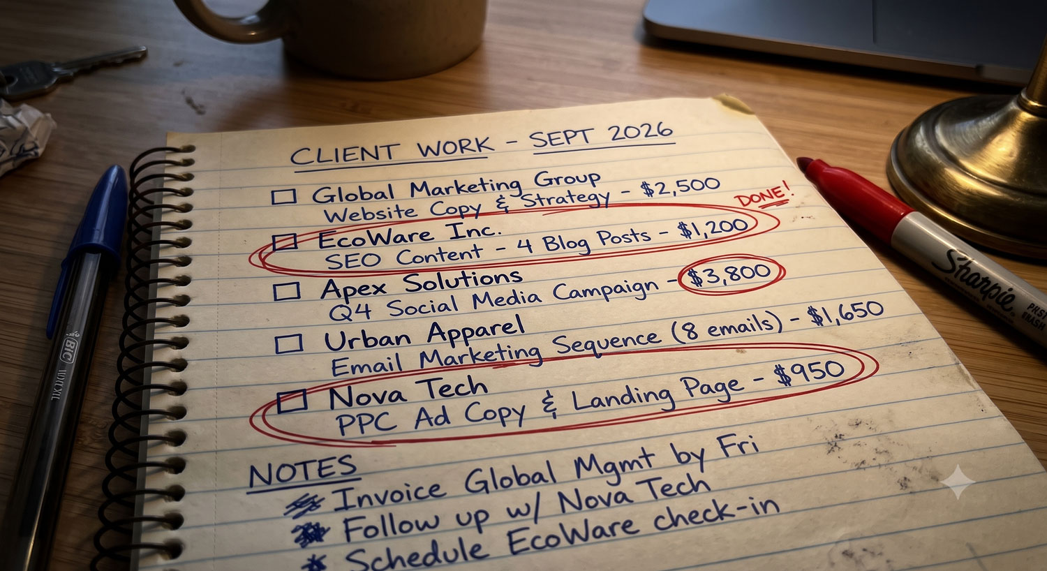 Handwritten list of client work items on a notepad, some circled in red