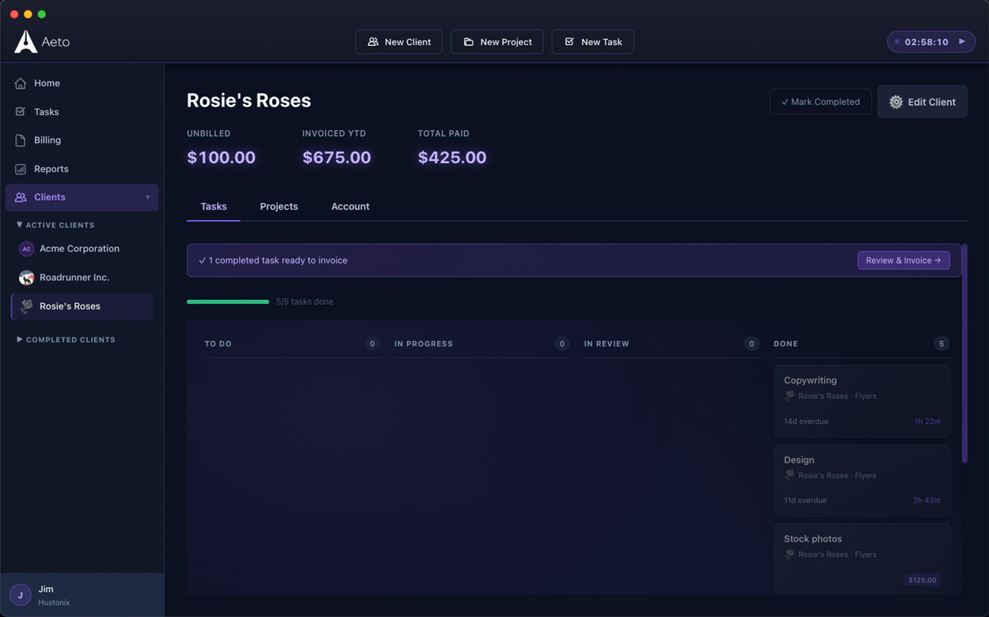 Aeto ready to invoice screen